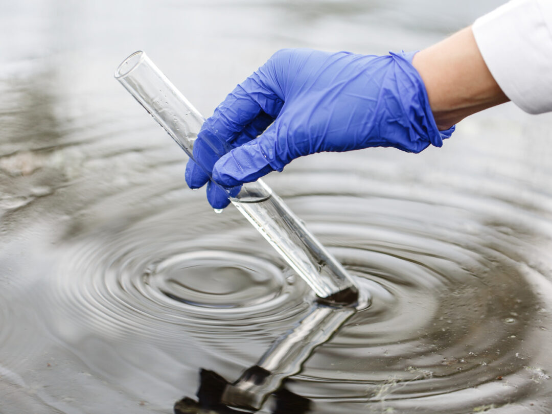 Researcher holds a test tube with water in a hand in blue glove